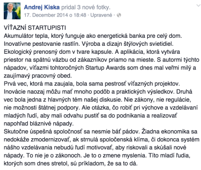 Dlhý príspevok na Facebooku Andrej Kiska