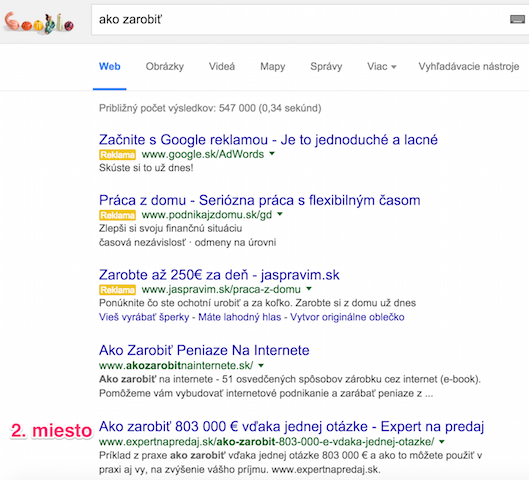 2. miesto v Google na kľúčové slová "ako zarobiť"