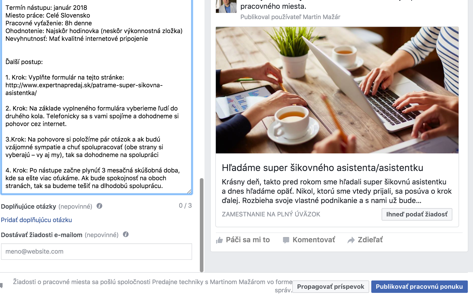Pracovná ponuka na FB č. 3